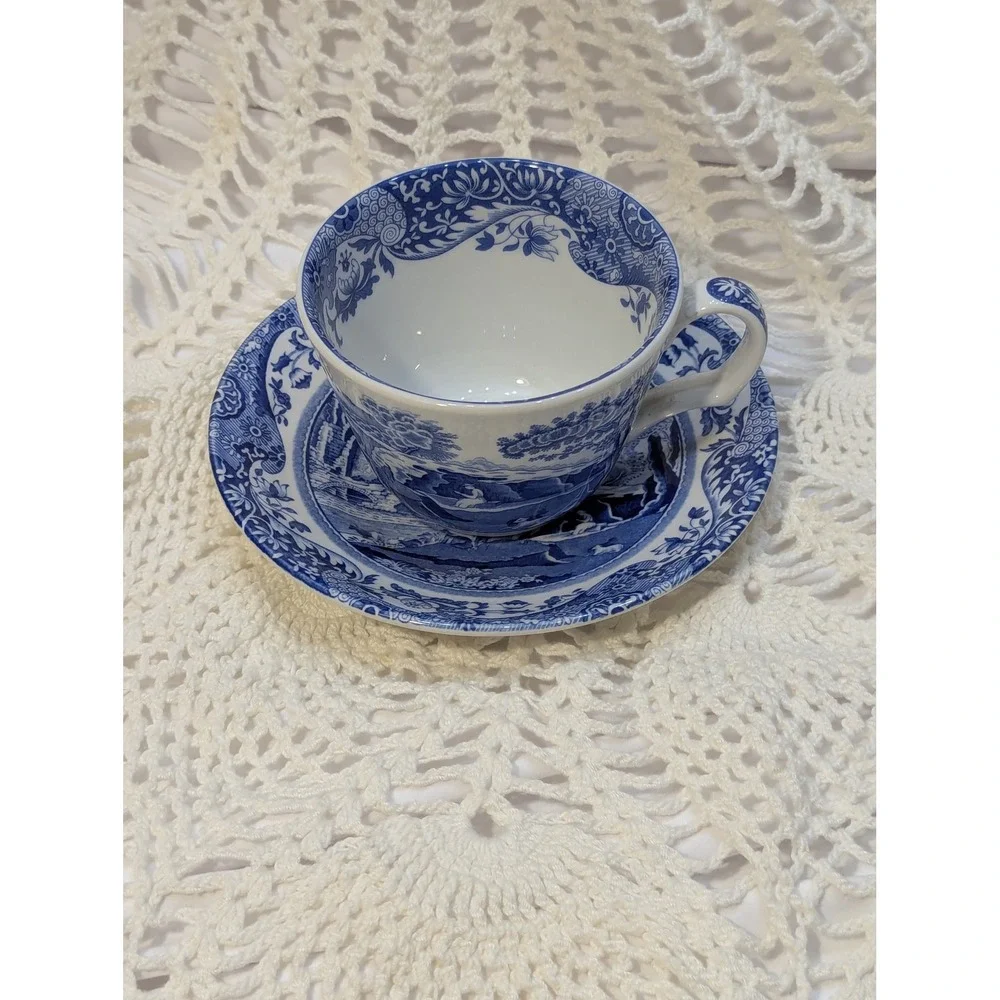 Spode Blue Italian Tea Cup and Saucer Made in England Blue White Transferware